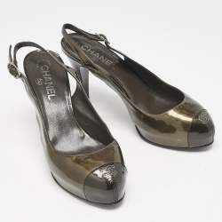 Chanel Grey/Black Patent Cap Toe CC Bow Slingback Pumps Size 39.5