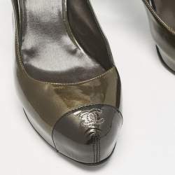 Chanel Grey/Black Patent Cap Toe CC Bow Slingback Pumps Size 39.5