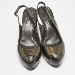 Chanel Grey/Black Patent Cap Toe CC Bow Slingback Pumps Size 39.5