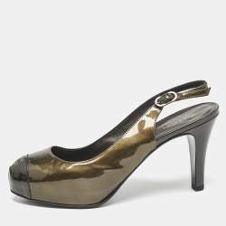 Chanel Grey/Black Patent Cap Toe CC Bow Slingback Pumps Size 39.5