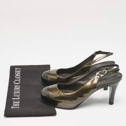 Chanel Grey/Black Patent Cap Toe CC Bow Slingback Pumps Size 39.5