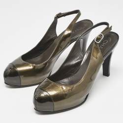 Chanel Grey/Black Patent Cap Toe CC Bow Slingback Pumps Size 39.5
