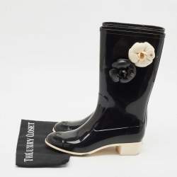 Chanel Black Rubber Camellia Embellished CC Rain Boots Size 39