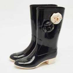 Chanel Black Rubber Camellia Embellished CC Rain Boots Size 39