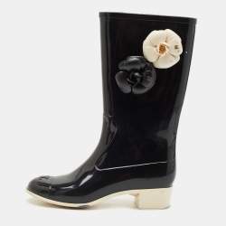 Chanel Black Rubber Camellia Embellished CC Rain Boots Size 39