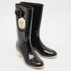 Chanel Black Rubber Camellia Embellished CC Rain Boots Size 39