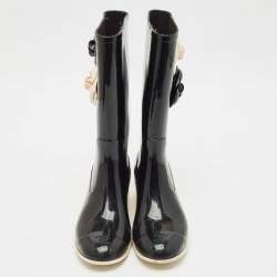 Chanel Black Rubber Camellia Embellished CC Rain Boots Size 39