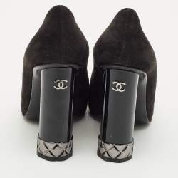 Chanel Black Suede CC Block Heel Platform Pumps Size 36