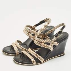 Chanel Metallic Woven Leather Ankle Strap Wedge Sandals Size 37.5