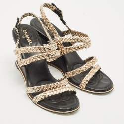 Chanel Metallic Woven Leather Ankle Strap Wedge Sandals Size 37.5