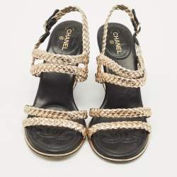 Chanel Metallic Woven Leather Ankle Strap Wedge Sandals Size 37.5