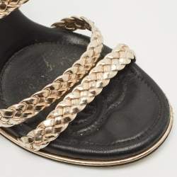 Chanel Metallic Woven Leather Ankle Strap Wedge Sandals Size 37.5