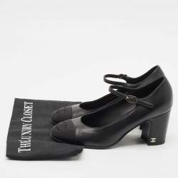 مملوكة مسبقًا Chanel Black Leather and Fabric CC Cap Toe Mary Jane Pumps Size 36.5