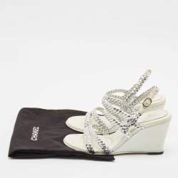 Chanel Silver Woven Leather Ankle Strap Wedge Sandals Size 36.5