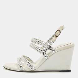 Chanel Silver Woven Leather Ankle Strap Wedge Sandals Size 36.5