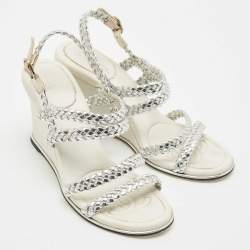 Chanel Silver Woven Leather Ankle Strap Wedge Sandals Size 36.5