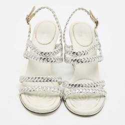Chanel Silver Woven Leather Ankle Strap Wedge Sandals Size 36.5
