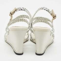 Chanel Silver Woven Leather Ankle Strap Wedge Sandals Size 36.5