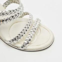 Chanel Silver Woven Leather Ankle Strap Wedge Sandals Size 36.5