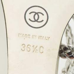 Chanel Silver Woven Leather Ankle Strap Wedge Sandals Size 36.5