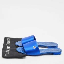 Pre Owned Chanel Blue Satin Puffy CC Logo Flat Slide Sandals Size 41