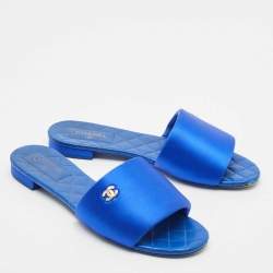 Pre Owned Chanel Blue Satin Puffy CC Logo Flat Slide Sandals Size 41