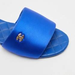 Pre Owned Chanel Blue Satin Puffy CC Logo Flat Slide Sandals Size 41