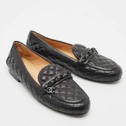 Chanel Black Quilted Leather CC Chain Link Slip On Loafers Size 39
