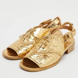 Chanel Gold Leather Brogue Lace Up Oxford Open Toe Ankle Strap Sandals Size 39