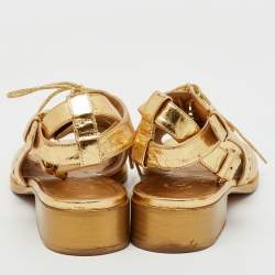 Chanel Gold Leather Brogue Lace Up Oxford Open Toe Ankle Strap Sandals Size 39