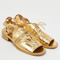 Chanel Gold Leather Brogue Lace Up Oxford Open Toe Ankle Strap Sandals Size 39