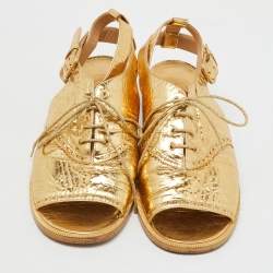 Chanel Gold Leather Brogue Lace Up Oxford Open Toe Ankle Strap Sandals Size 39