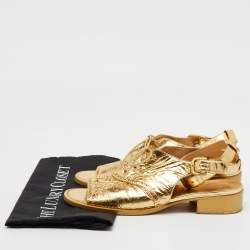 Chanel Gold Leather Brogue Lace Up Oxford Open Toe Ankle Strap Sandals Size 39