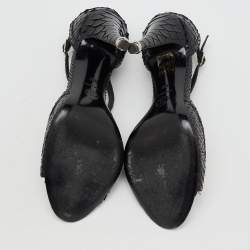 Chanel Black Python Leather CC Pearl Embellished T-Strap Sandals Size 39