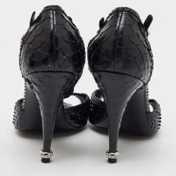 Chanel Black Python Leather CC Pearl Embellished T-Strap Sandals Size 39