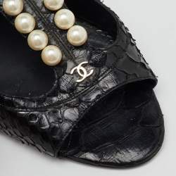Chanel Black Python Leather CC Pearl Embellished T-Strap Sandals Size 39