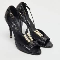 Chanel Black Python Leather CC Pearl Embellished T-Strap Sandals Size 39