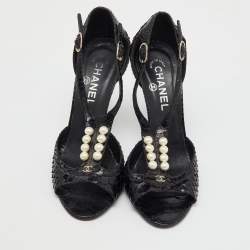 Chanel Black Python Leather CC Pearl Embellished T-Strap Sandals Size 39