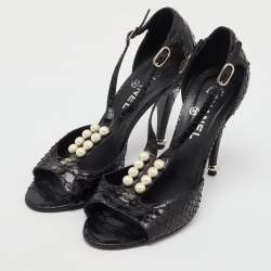Chanel Black Python Leather CC Pearl Embellished T-Strap Sandals Size 39