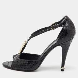 Chanel Black Python Leather CC Pearl Embellished T-Strap Sandals Size 39