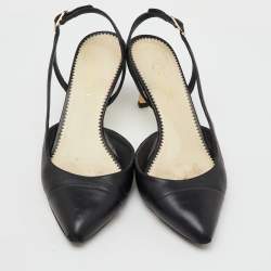 Chanel Black Leather Pointed Toe CC Heel Slingback Pumps Size 37 