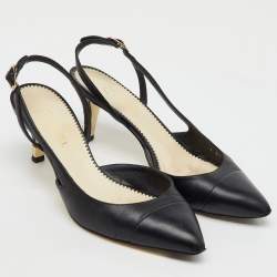 Chanel Black Leather Pointed Toe CC Heel Slingback Pumps Size 37 