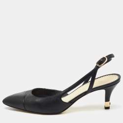 Chanel Black Leather Pointed Toe CC Heel Slingback Pumps Size 37 