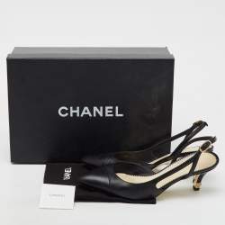 Chanel Black Leather Pointed Toe CC Heel Slingback Pumps Size 37 