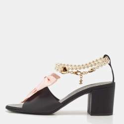Chanel Black/Pink Canvas CC Bow and Pearl Embellished Ankle Strap Sandals Size 39