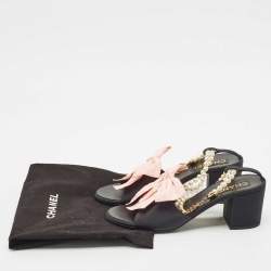 Chanel Black/Pink Canvas CC Bow and Pearl Embellished Ankle Strap Sandals Size 39