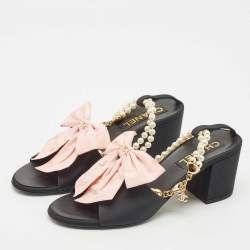 Chanel Black/Pink Canvas CC Bow and Pearl Embellished Ankle Strap Sandals Size 39
