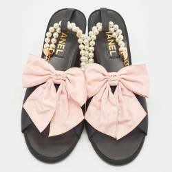 Chanel Black/Pink Canvas CC Bow and Pearl Embellished Ankle Strap Sandals Size 39