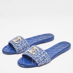 Chanel Blue Tweed CC Quilted Flat Slides Size 41.5