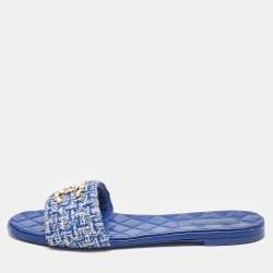 Chanel Blue Tweed CC Quilted Flat Slides Size 41.5